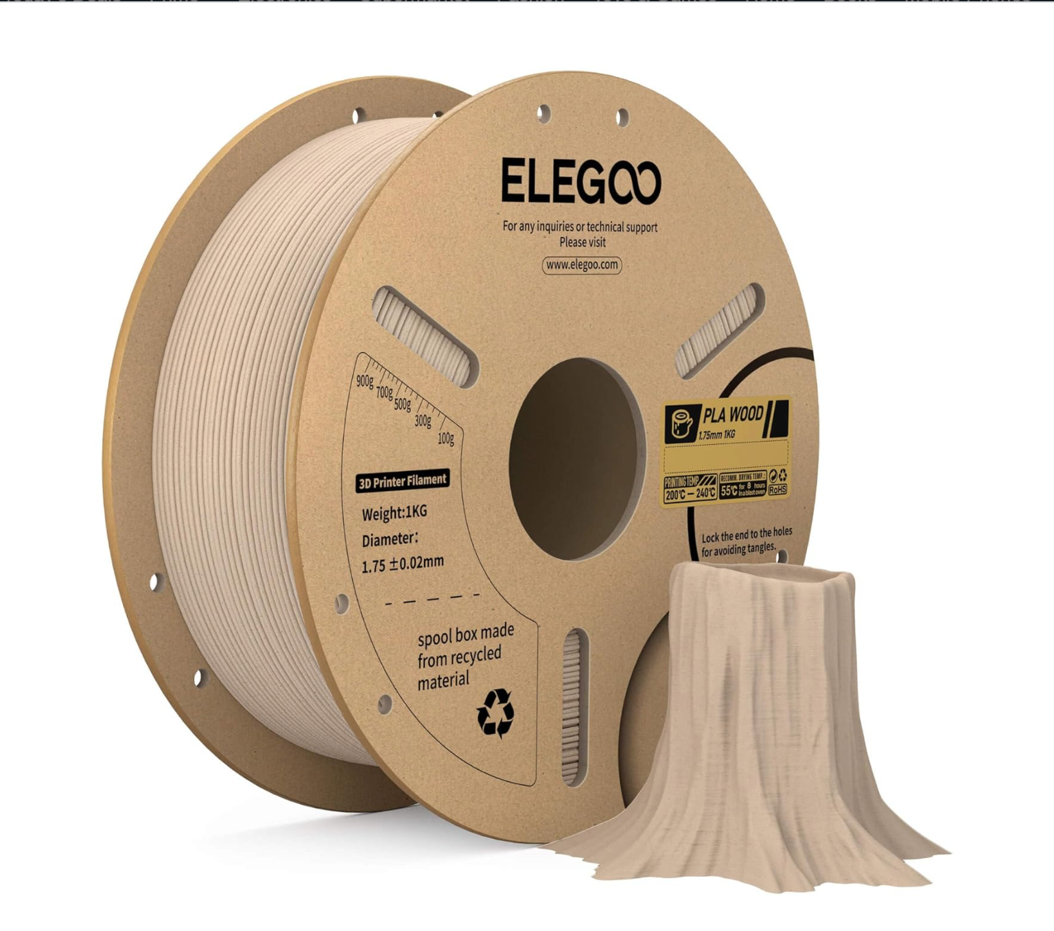 ELEGOO Tan Birch - Oak Wood PLA Filament - 1.75 mm 1KG - 3D Printer Filament 1KG Spool 3D Printing Materials