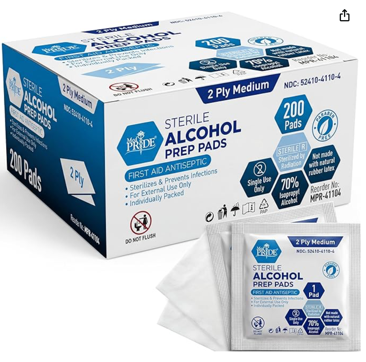 Alcohol Prep Pads, Antiseptic, 70% Isopropyl, Individually Wrapped, Medical Grade 2 Ply Wipes (200 Count (Pack of 1) White)