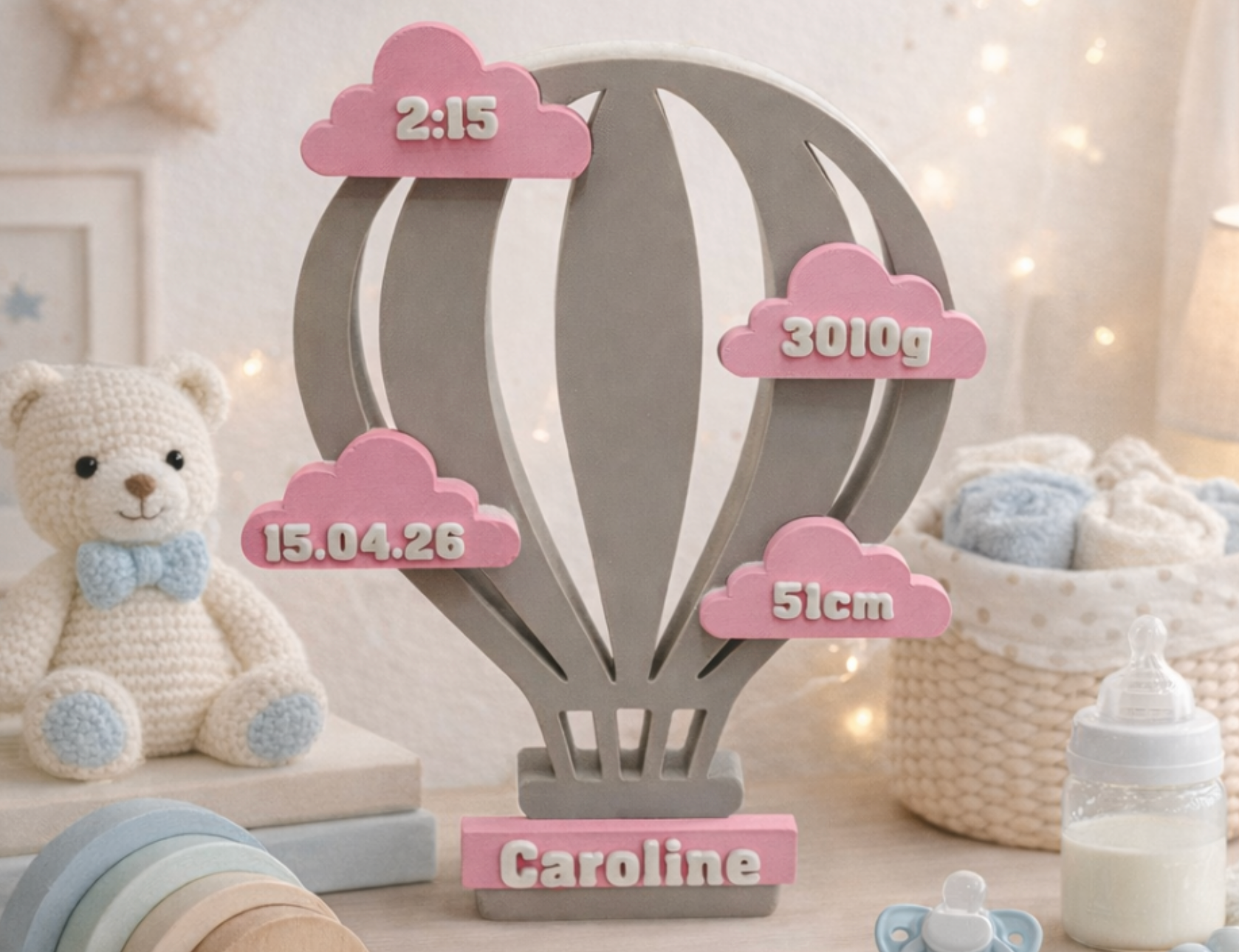 Hot Air Balloon Birth Keepsake – Personalised Baby Data Stand